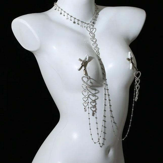Metal Nipple Clamps with Heart-Shaped Pendant Body Chain Fashionable Women's SM Teasing Tool Breast Massage Adult Product Sex18+