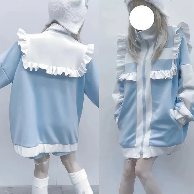 Women clothing Y2K Sweet stitch Subculture Patchwork Hoodies Women's Autumn Winter Ruffled Hoodie with Fleece Loose Zipper shirt