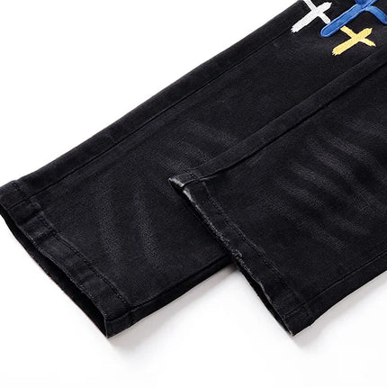 2025 New Destroyed Scratch Hole Men's High Street Slim Fit Skinny Light black embroidery Denim Jeans Pants