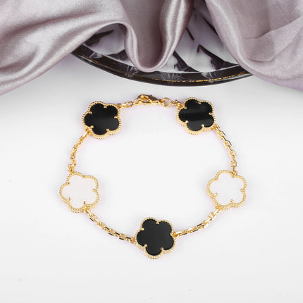Hot Sale Premium 15mm Natural Stone White Shell Five Leaf Flower Bracelet Gold Silver Lucky bangle For Women Girls Party Daily