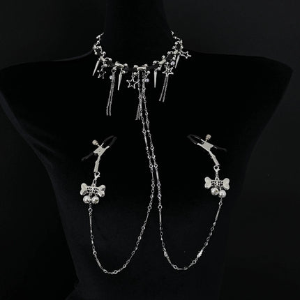 Dark-themed Erotic Nipple Clamps with Full-body Chain and Collar SM-style Nipple Body Decoration Made of Metal Adult Toy Product