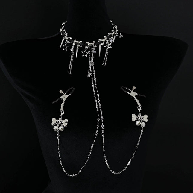 Dark-themed Erotic Nipple Clamps with Full-body Chain and Collar SM-style Nipple Body Decoration Made of Metal Adult Toy Product