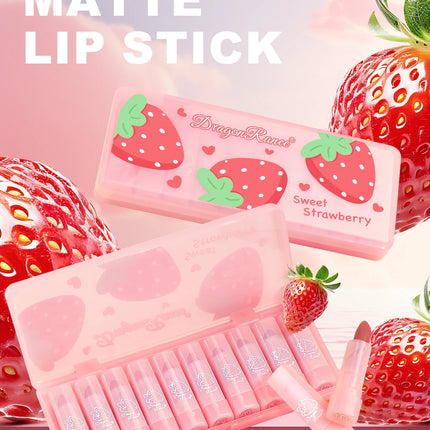 Dragon Ranee Matte Velvet Pink Strawberry Translucent 10 Pieces Lipstick Set Waterproof Sweatproof Non-Stick Lipstick Set