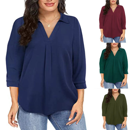 Ladies V-Neck Blouses Shirt Tops Summer Loose Casual Female Women Solid Long Sleeve Blouse Shirts Fashion Pullover Plus Size 5XL