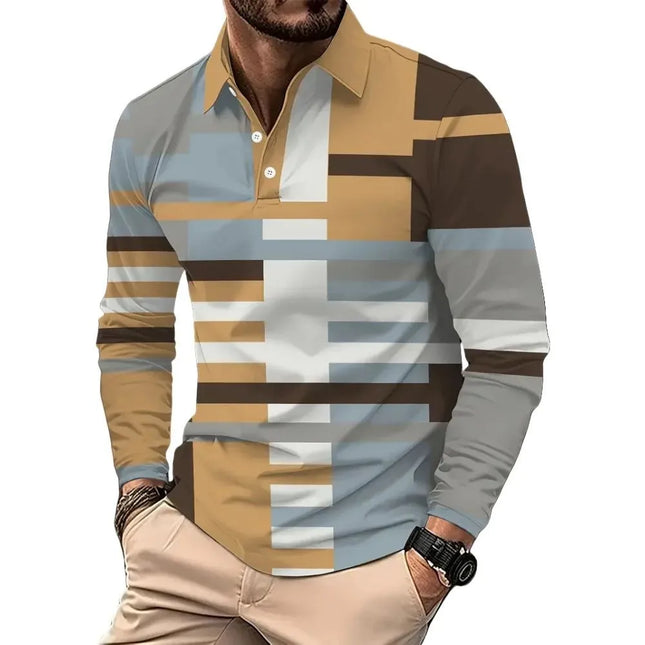 The new men's long-sleeved POLO shirt for Spring and Autumn 2025 is casual comfortable and soft with 3D checkered print