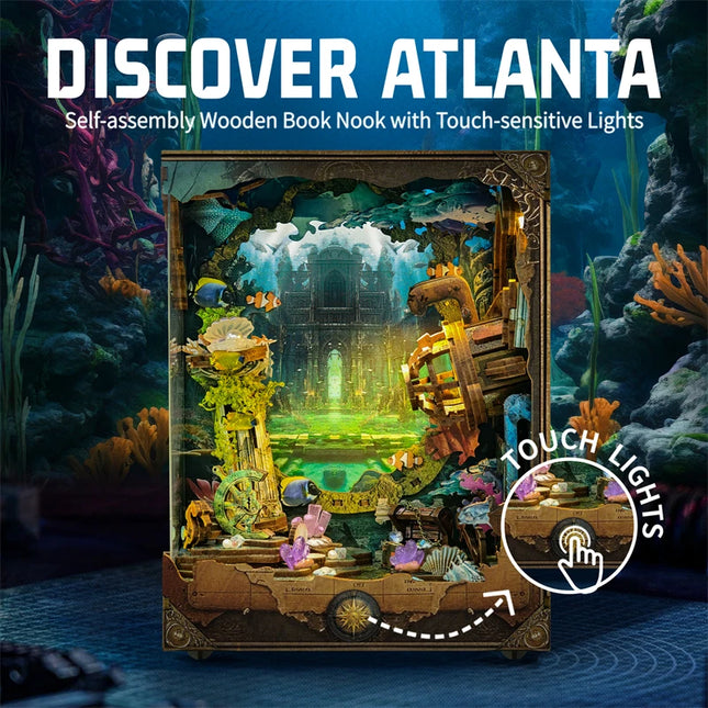 DIY Book Nook Wooden Miniature Model Kits Underwater World Bookend 3D Puzzle With Light Bookshelf for Friends Birthday Gifts