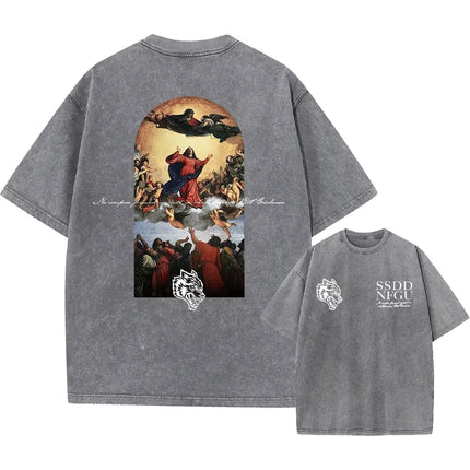Men's Harajuku Casual Cotton Short Sleeve Washed T-Shirt Vintage Printed Street Hip Hop Retro Punk T Shirt Acid Wash TShirts top