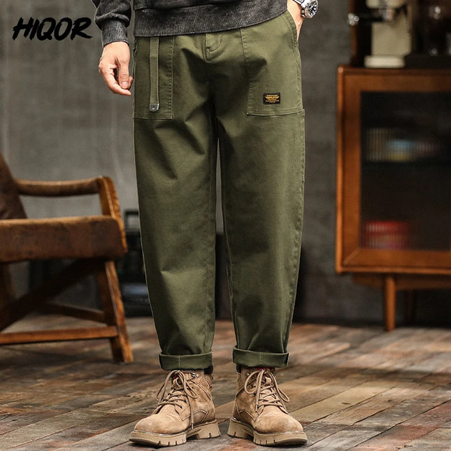 HIQOR Men's Clothing Spring Autumn Cargo Pants Men Cotton Casual Loose Trousers Belt Mid Waist Joggers Male Straight Baggy Pants