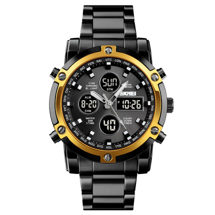 SKMEI Men Dual Display Watch Countdown Steel Strap Electronic Wristwatch Three Time Clock Digital Quartz Watch Relogio Masculino