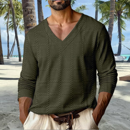 Men's V-neck casual sporty drop shoulder sleeve T-shirt, comfortable and stylish long sleeve T-shirt for everyday wear and vacat