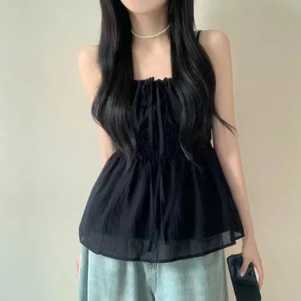 Sexy Summer Design D-string Strap Folded Waist Slimming Women's Casual Sexy Vest Top with Belt Polyester Fiber Thin Model