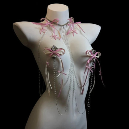 New Pink Tassel Bow Nipple Clips Bell Body Chains Erotic Accessories Detachable One-Piece Necklace Fetish Adult Sex Toys Breast