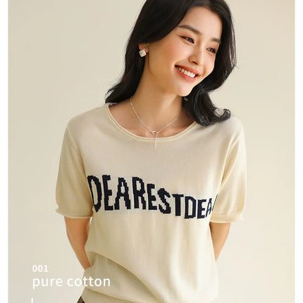 Women's Summer T-shirt 100% Pure Cotton Casual Solid O-neck Pullover Loose Fit Short Sleeve Fashion Sweater