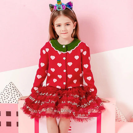 VIKITA Girls Xmas Red Green Cardigans Teenagers Heart Shape Print Adorable Cozy Stylish Warm Sweaters Girls Outwear Gift Outfits