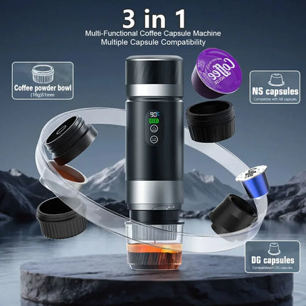 DENOKIN 3-in-1 Portable Espresso Coffee Machine With Digital Display Removable Battery for Car & Home Camping Coffee Maker