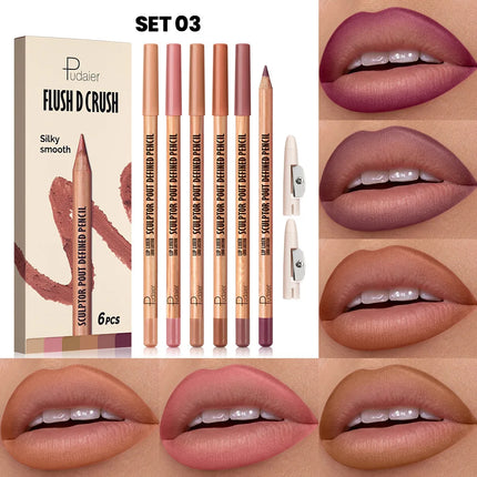 6Pcs Waterproof Lip Liner Set - Water-Resistant, Matte Finish Crayon Lip Pencils Non-Smudging & Easy-to-Apply with Sharpener