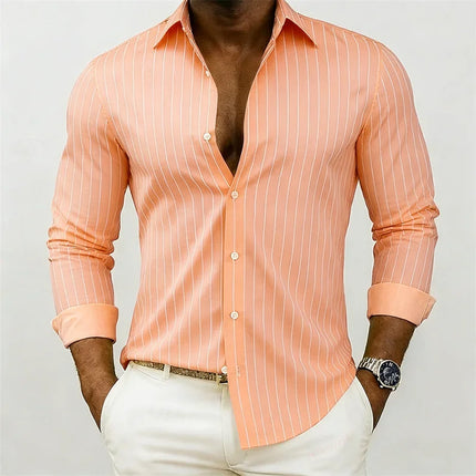 New men's striped shirt, outdoor street style, business casual, lapel collar, long sleeves, versatile and fashionable men's top.