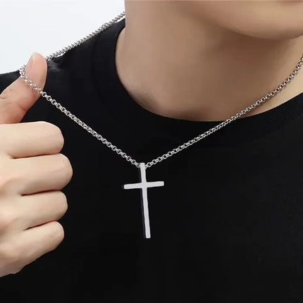 Stainless Steel Cross Necklace for Men Boys,Silver Color Plain Cross Pendant Collar,Hiphop Classic Punk Jewelry Gift