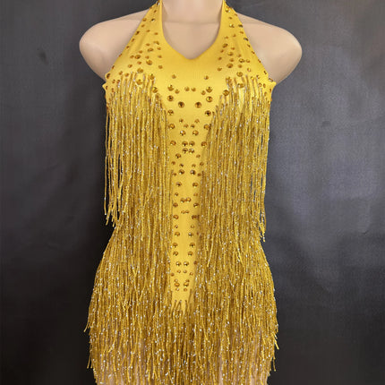 Sparkly Rhinestones Fringe Bodysuit Women Nightclub Party Dance Costume Stage Wear Sexy Tassel Leotard Performance Clothing 7G