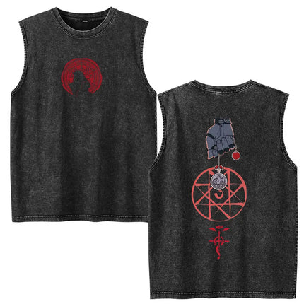 Anime Fullmetal Alchemist Vintage Washed Tank Tops Funny Manga Brotherhood Eyes T-shirts Fashion Casual Sleeveless Vest T-shirts