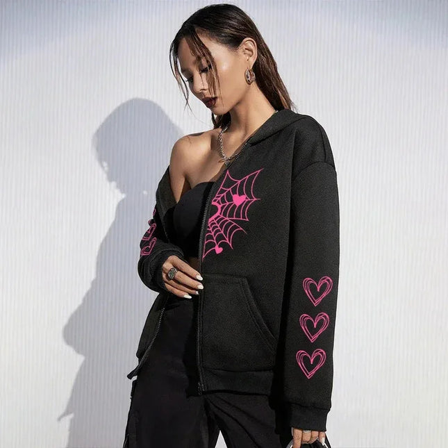 2025 Hot Sale Women's Hoodie Cute Spider Web Heart Print Zip-up Sweatshirt All Season Female Urban Casual Fashion Hooded Jackets