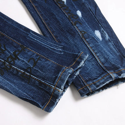 Men Letters Printed Denim Jeans Holes Ripped Patchwork Spliced Pants Button Fly Slim Tapered Stretch Trousers