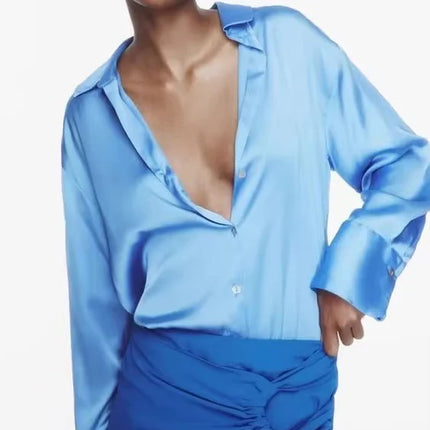 Classic Silk Satin Feel Shirt New Spring Collection Long Sleeve Polyester Fabric Women's Premium Fashion Regular Length