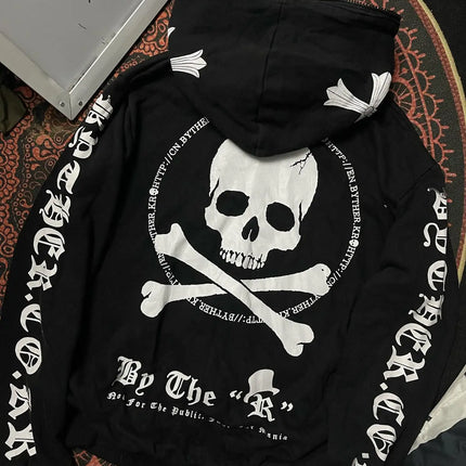 New Retro Oversized Printed Fur Collar Jacket Gothic Streetwear Skull Hoodie Y2K Women Hip Hop Harajuku Winter Hooded Sweatshirt