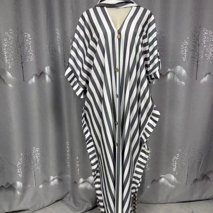 Women's clothing 2026 autumn new style sweet and fresh striped V-neck batsleeves loose large-size dress long dress