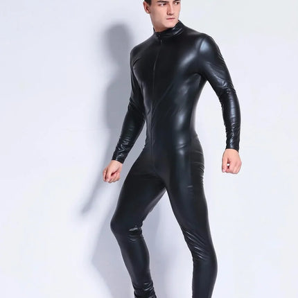 Plus Size S-4XL Sexy Men Catsuit Faux Leather Two Way Long Zipper Crotch Bodysuit Night Club DS Jumpsuit Lingerie Costume