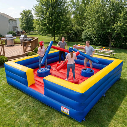 Inflatable Gladiator Joust Arena Game Set - 13x13ft 4 Person Joust Arena with 4 Jousting Sticks & Helmets, Commercial Grade PVC Inflatable Jousting Ring for Party, School & Team Building Events
