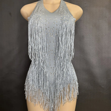 Sparkly Rhinestones Fringe Bodysuit WomenVightclub Party Dance Costume Stage Wear SexyTassel Leotard Performance Clothing G7