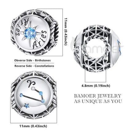 BAMOER Zodiac Star Sign 925 Sterling Silver Charm Beads Fit for Charm Bracelets, 12 Constellations Cubic Zirconia Charm SCC1725