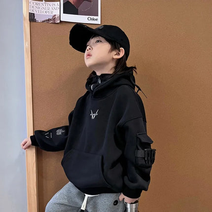 Stylish Boys' Fleece-lined Pullover Hoodie Mechanical Buckle Hooded Top Trendy Hip-hop Dance Performance Outfit for Medium Kids