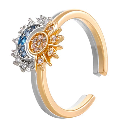 FTCY Adjustable Sparkling Moon Sun Star Ring for Women Couple Elegant Finger Ring Wedding Party Jewelry Gifts Accessories