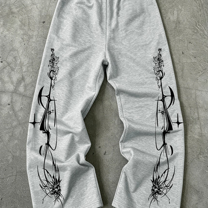 Y2K Dark Punk Abstract Gothic Cross Star Print Mens Baggy Wide Leg Sweat Pants Loose Straight Drawstring Hip Hop Street Joggers