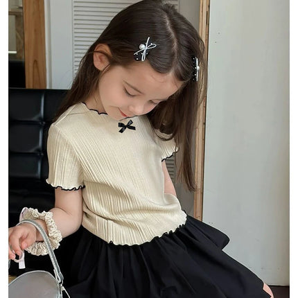 Girls' Ice Silk T-shirt Korean Style Short Sleeve Tops Children's Clothes 2025 Girl Summer Teen Kids Bow Round Neck Solid Tops