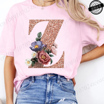 T Shirt for Women Clothing Summer Short Sleeve Tee shirts Rose Gold Letter A~Z Printed Graphic Tops Female T-Shirts Clothing