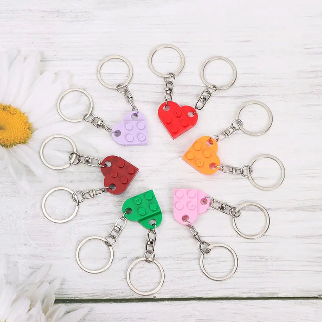 2Pcs Cute Love Heart Brick Keychain for Couples Friendship Women Men Girl Boy Lego Elements Key Ring Birthday Jewelry Gift
