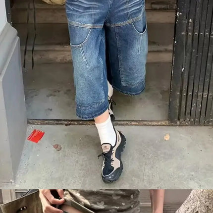2026 Summer Thin Large Size Men's Women's Design Sense Wide Leg Denim Medium Pants Pear Shape Baggy High Waist Cropped Pants
