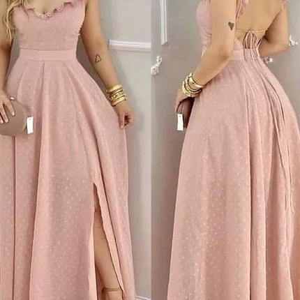 Women's Yellow Polka Dot Maxi Dress Ruffled Neckline Back Tie Side Slit Ideal for Summer Vacations and Bohemian Gatherings