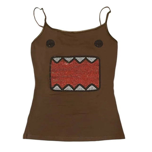 Harajuku Style Retro Rhinestone Cartoon Tank Top Womens Summer Casual Slim Fit Short Cut Crop Top