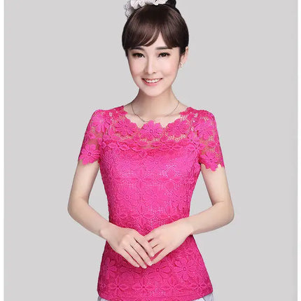Plus Size Women  Lace  Blouse Shirt Casual Solid Hollow Women Clothing Top