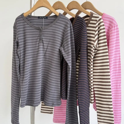 Pink Striped Slim Long Sleeve Tees Women Spring Casual Cotton O-neck Tshirt New Tops Clothes Sweet Cute  Vintage T-shirts Y2K
