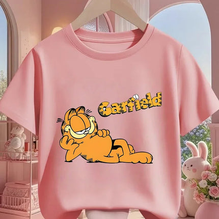Garfield Cartoon Crew Neck T Shirt Children Boys Girls Summer Cute Kawaii Fashion Street Casual Tops 3-14 Years