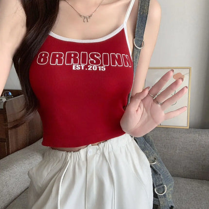 Summer Outdoor Svel Design Sensation Spicy Girl Top American Retro Color Collision Letter Print Strap Vest Women