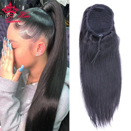 Ponytail Human Hair Extensions With Clip In Drawstring Ponytail Straight Body Wave Brazilian Pony Tail For Women Queen Hair