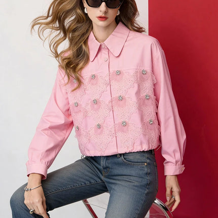 Women Cropped Lace Blouse Beaded Embellished Shirt Loose Fit Long Sleeve Fashion Shirt Top
