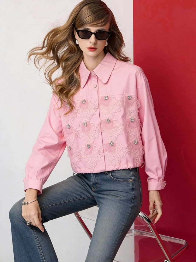 Women Cropped Lace Blouse Beaded Embellished Shirt Loose Fit Long Sleeve Fashion Shirt Top