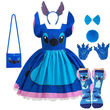 Stitch Character Cosplay Dress for Kids Girls Lilo & Stitch Blue Sparkly Dress with 3D Ears for Halloween Birthday Party